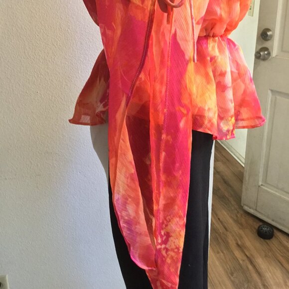 GUESS Printed Blouse Top Long Slit Sleeve Wrapped Ruched Waisted Chiffon S - Picture 7 of 11